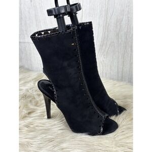 Tamara Mellon Sunkiss Bootie 7.5 Black Suede Snake Trim Peep Toe Heel Italy